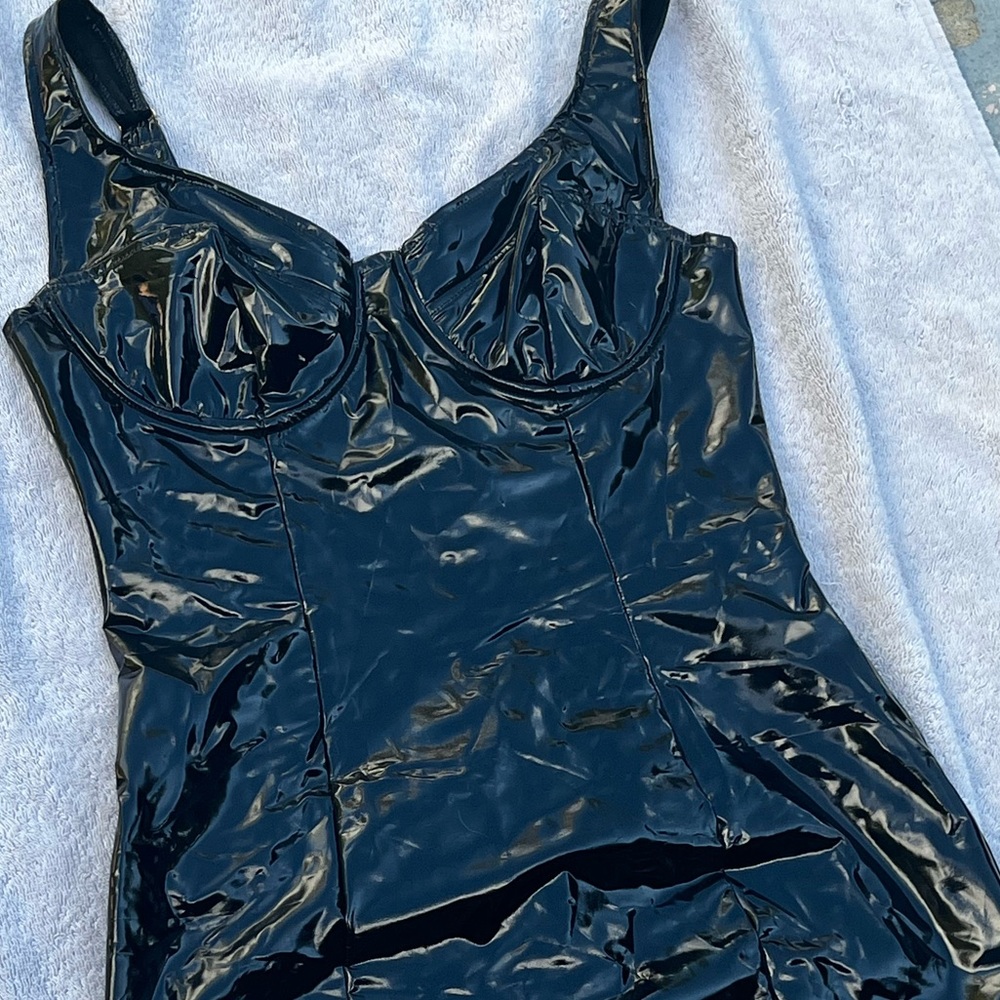 shiny leather body suit dress